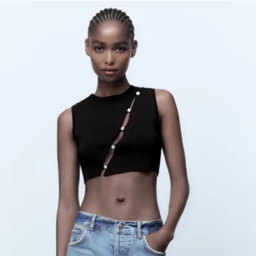 ZARA Knit Top with Jewel Rhinestone Diagonal Asymmetrical Button Knit Sweater - Picture 5 of 5